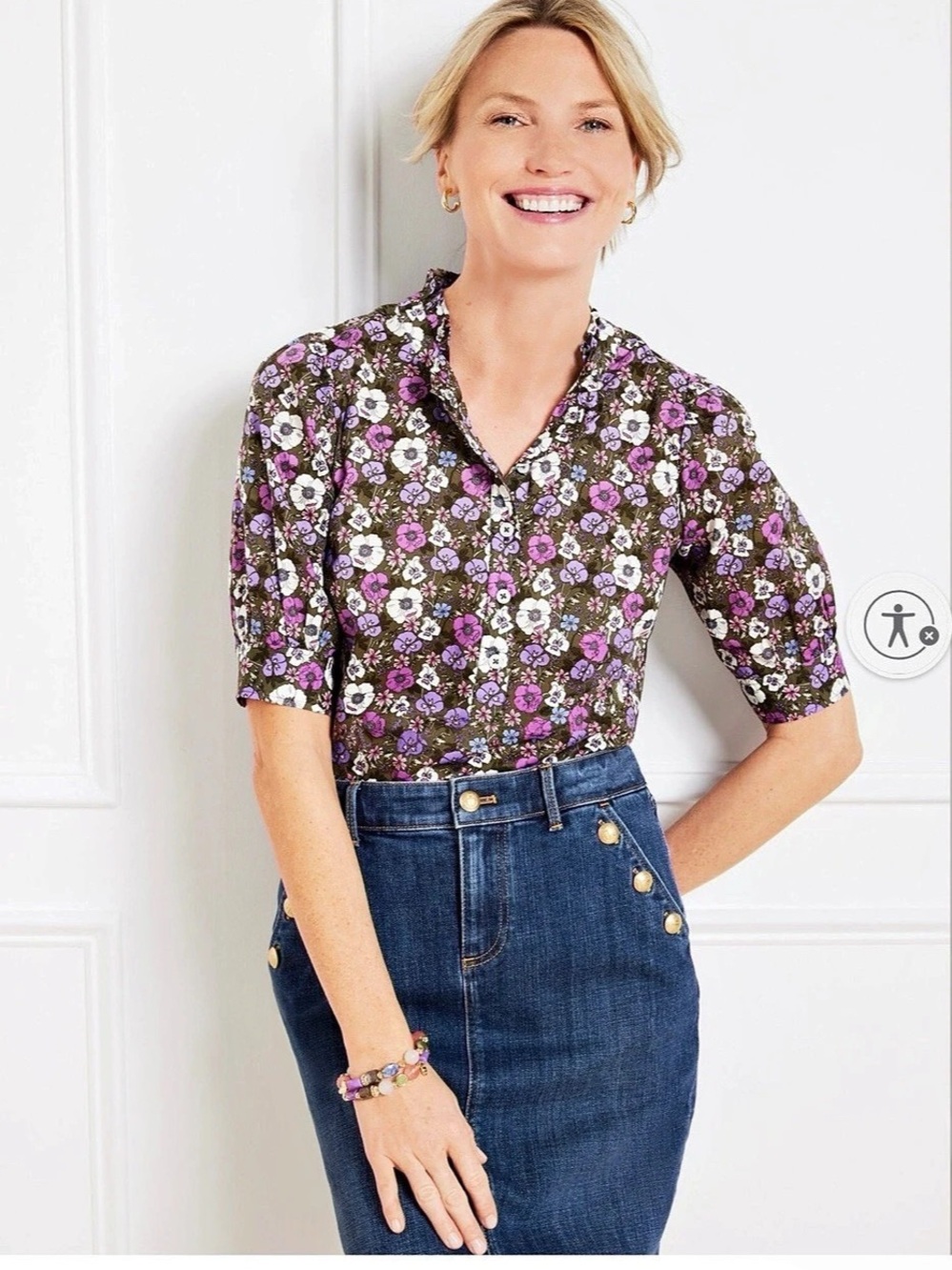 Talbots Ruffle Neck Top - Floral Paisley Blouse Purple Green